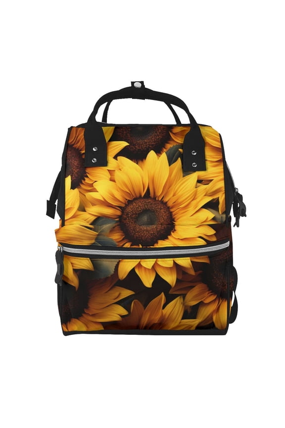 Vibrant Sunflower Blooms Mummy Backpack - Waterproof Twill Canvas, Large Capacity Diaper Bag with Multiple Pockets and Adjustable Straps