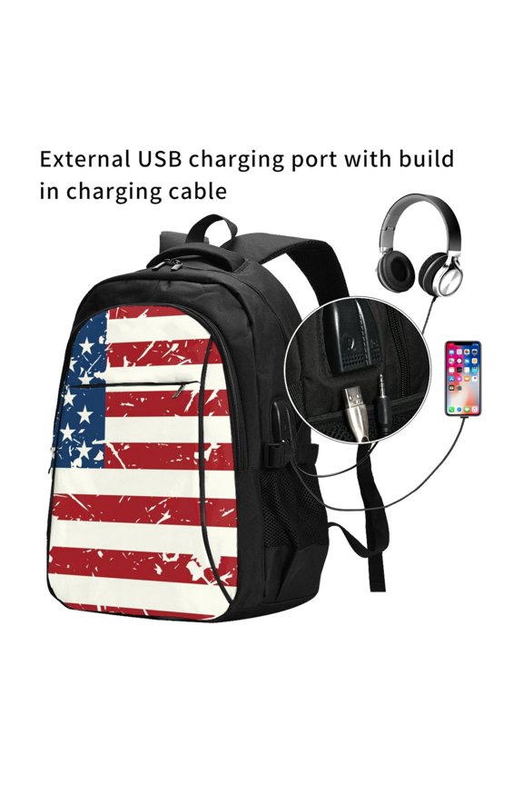 Vintage American Flag Print Travel Laptop Backpack,Slim Sturdy Laptops Backpack with USB Charging Port, Water Resistant College School Computer Bag