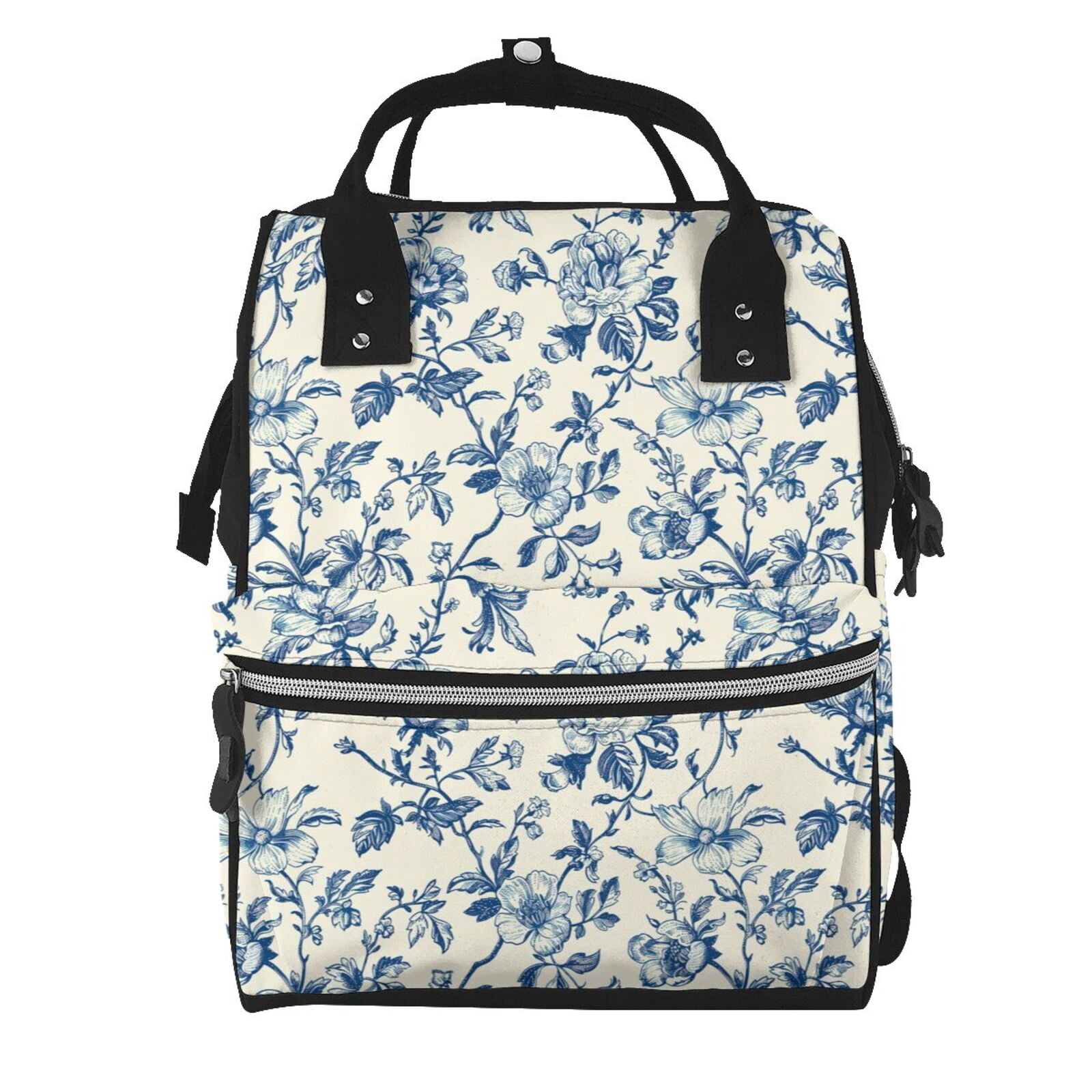 Ratiio Vintage Blue Floral Mummy Backpack - Waterproof Twill Canvas, Large Capacity Diaper Bag with Multiple Pockets and Adjustable Straps