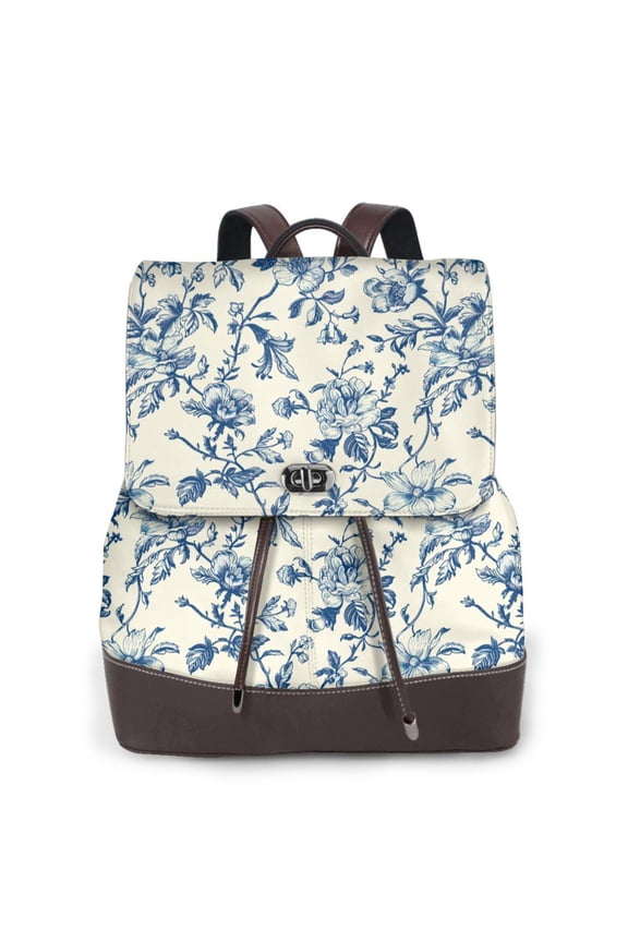 Vintage Blue Floral Pattern Womens Backpack Purse Leather Backpack Purse for Women Travel Fashion Backpack Designer Ladies Shoulder Bags