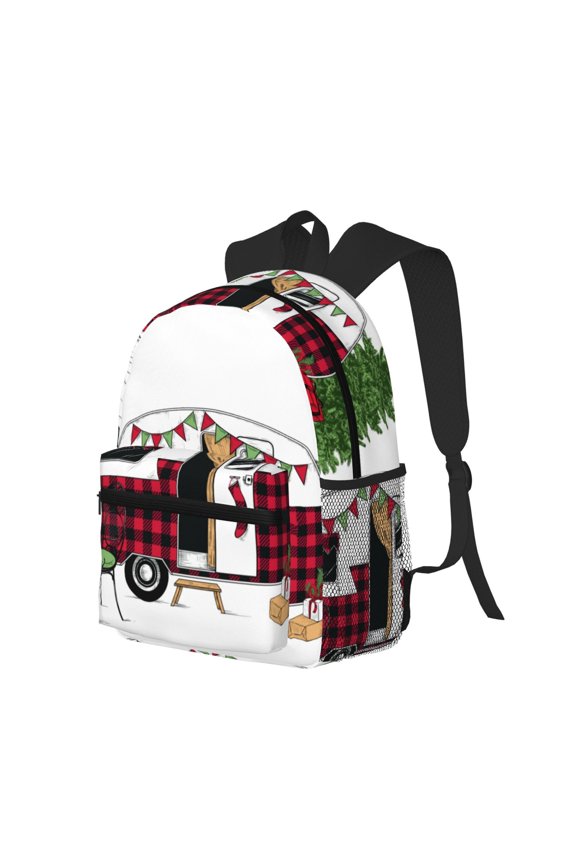 Vintage Buffalo Plaid Christmas Camper Print Casual Backpack for Men and Women, Water Resistant Oxford Fabric School Bag Lightweight Travel Daypack