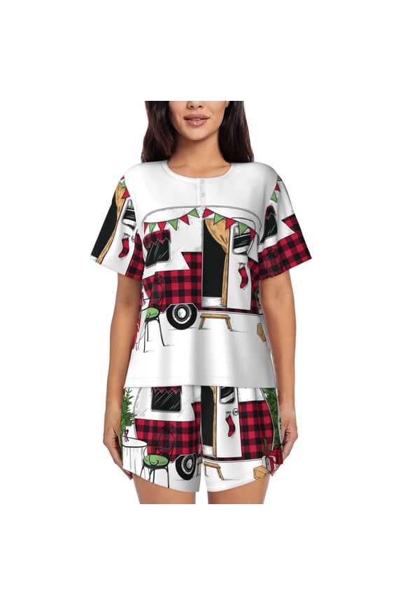 Vintage Buffalo Plaid Christmas Camper Print Womens Pajama Sets 2 Piece Soft Short Sleeve Top and Shorts Sleepwear Round Neck Pjs Lounge Set
