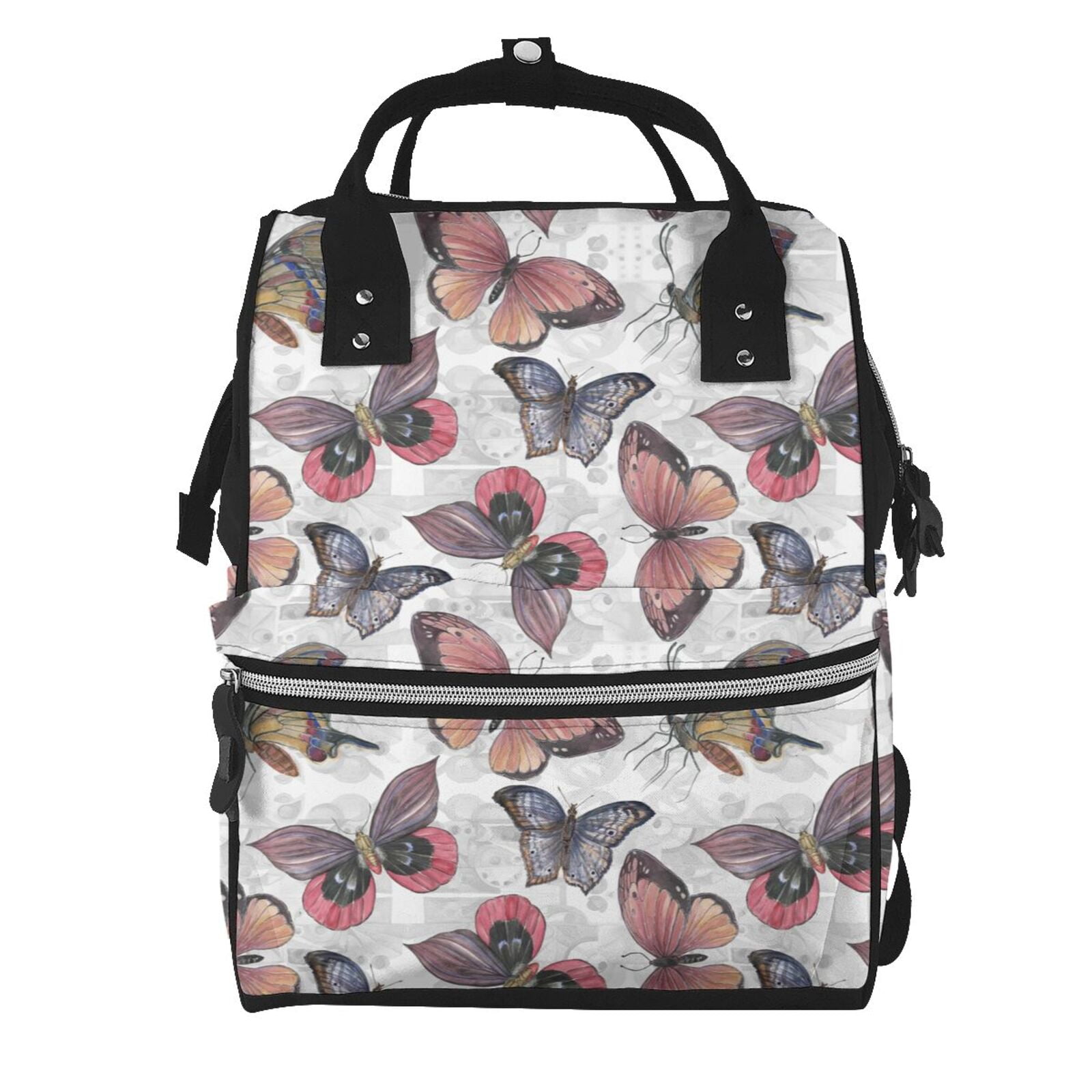 Ratiio Vintage Butterflies Mummy Backpack - Waterproof Twill Canvas, Large Capacity Diaper Bag with Multiple Pockets and Adjustable Straps