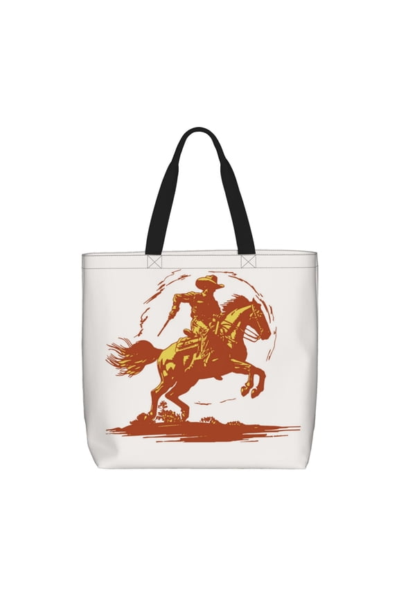 Vintage Cowboy On A Bronco Horse Print Reusable Grocery Bag Shopping Bags with Zipper Shoulder Shopping Handle Bag Suitable for Outdoor Convenient Daily Bag