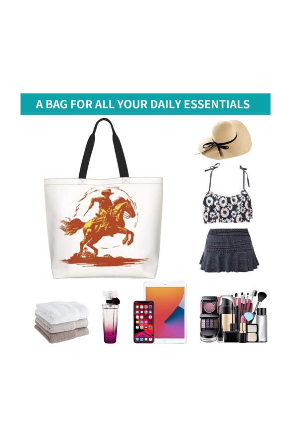 Vintage Cowboy On A Bronco Horse Print Reusable Grocery Bags - Washable, Foldable, Packable Tote, Large Handles, Heavy Duty, Zippered Top Pouch