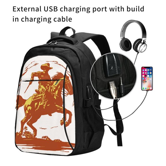 Ratiio Vintage Cowboy On A Bronco Horse Print Travel Laptop Backpack,Slim Sturdy Laptops Backpack with USB Charging Port, Water Resistant College School Computer Bag