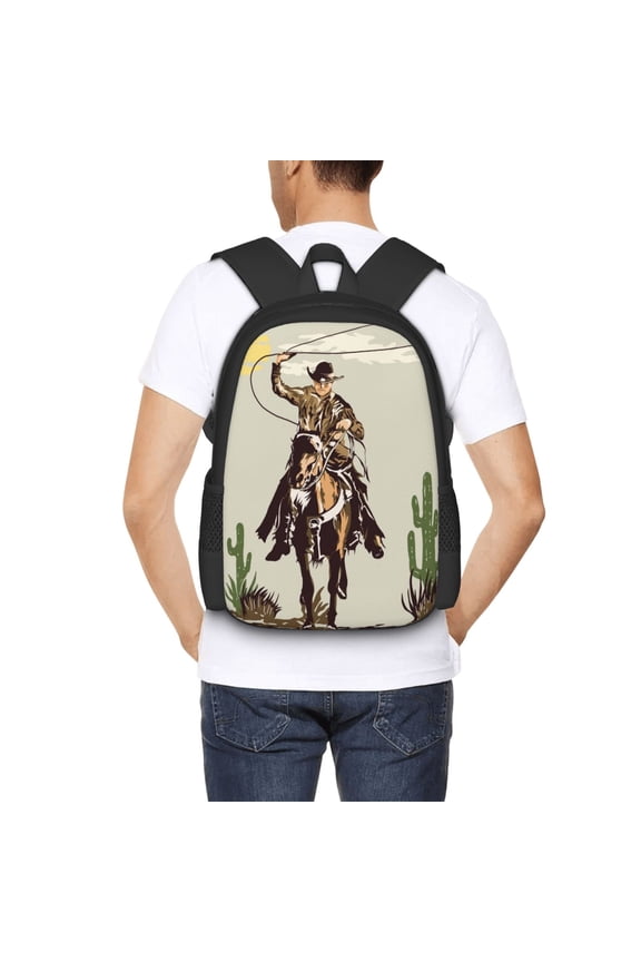 Vintage Cowboy Riding Horse Backpack for Men and Women - Durable 600D Oxford Cloth -Large Capacity, Water-Resistant School, Travel, and Hiking Bag