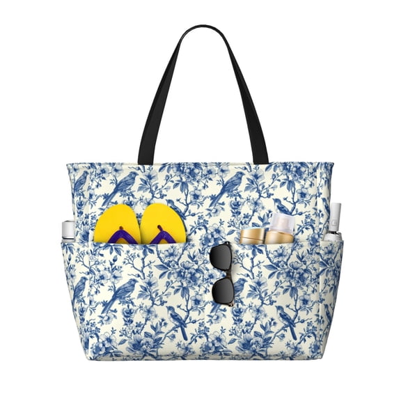 Ratiio Vintage Floral Birds Print Large Capacity Beach Travel Bag, Polyester Waterproof Tote Bag with Zipper for Vacation and Daily Use