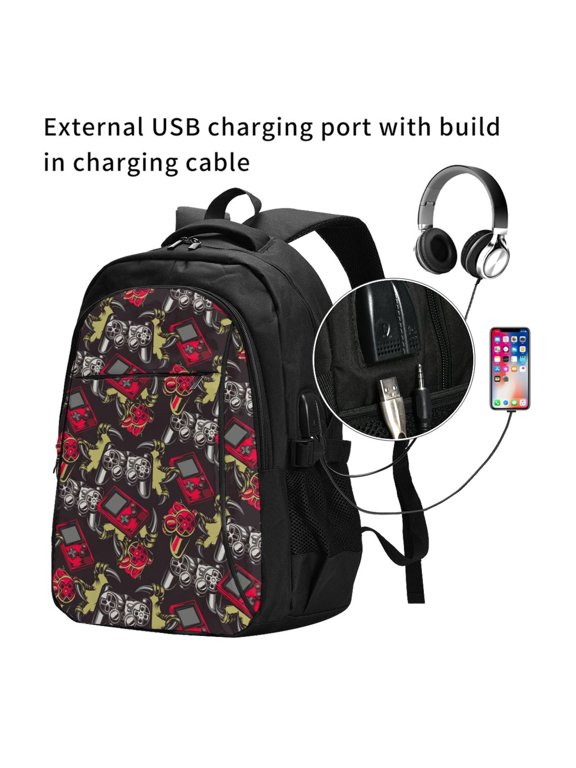 Vintage Gaming Print Travel Laptop Backpack,Slim Sturdy Laptops Backpack with USB Charging Port, Water Resistant College School Computer Bag