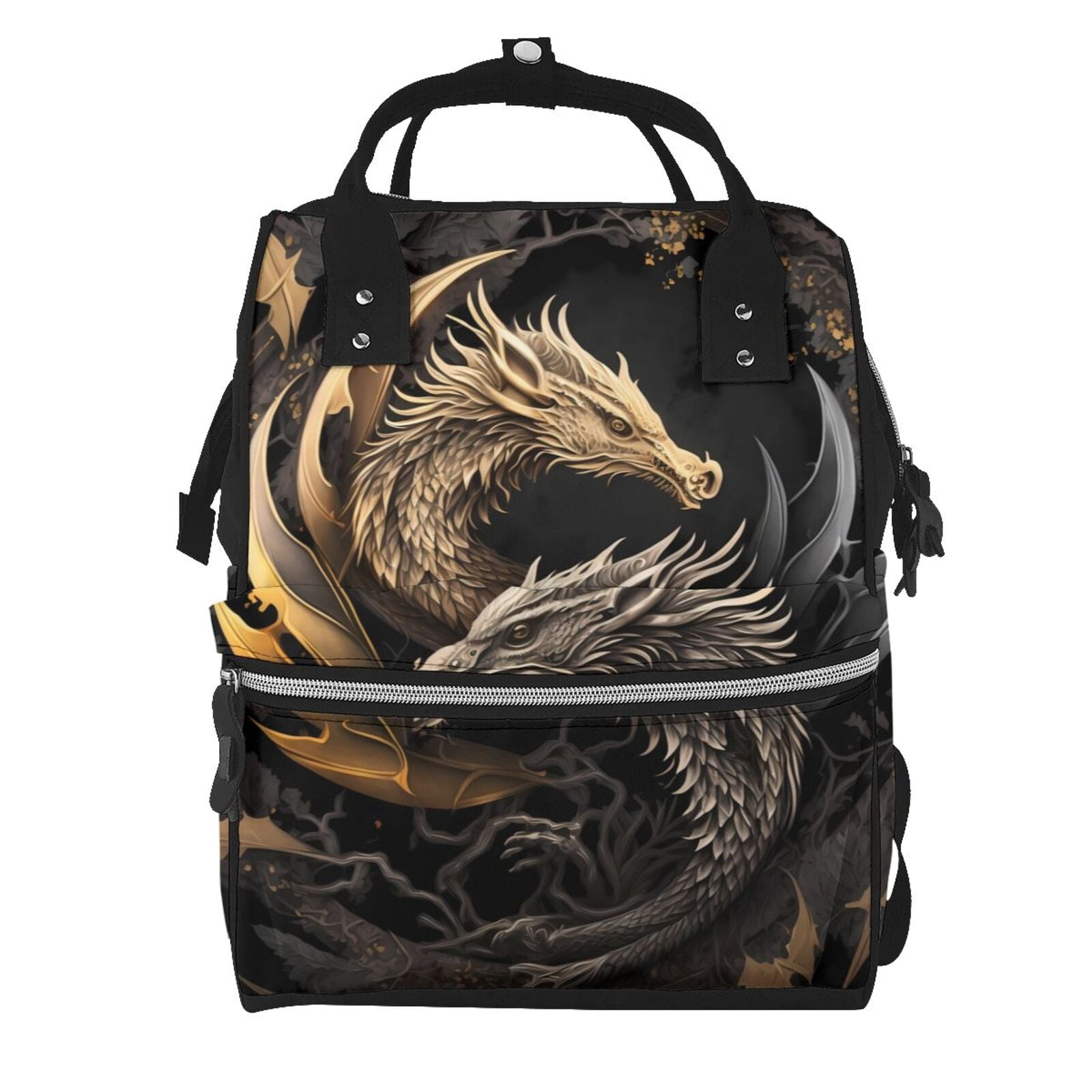Ratiio Vintage Metal Dragon Mummy Backpack - Waterproof Twill Canvas, Large Capacity Diaper Bag with Multiple Pockets and Adjustable Straps
