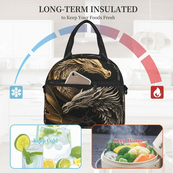 Ratiio Vintage Metal Dragon Pattern Lunch Bag ,Insulated Lunch Box, Small Leakproof Cooler Food Lunch Containers Reusable High Capacity Lunch Tote Bags