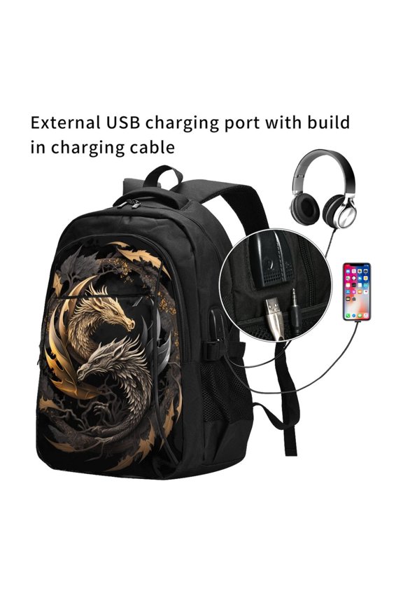 Vintage Metal Dragon Print Travel Laptop Backpack,Slim Sturdy Laptops Backpack with USB Charging Port, Water Resistant College School Computer Bag