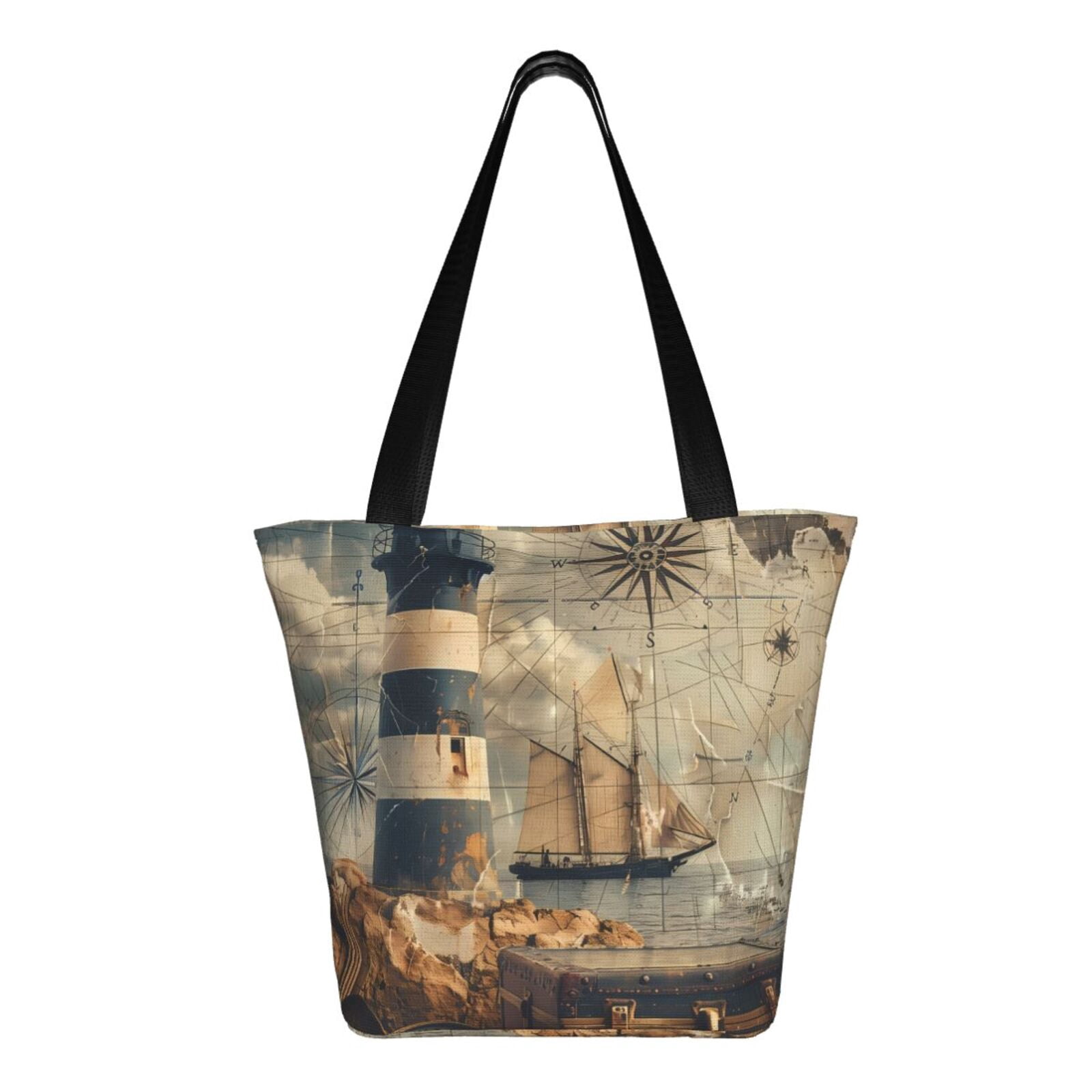 Ratiio Vintage Nautical Lighthouse Print Shoulder Bag for Women, Polyester Crossbody Purse Lightweight Handbag for Daily Travel and Casual Use