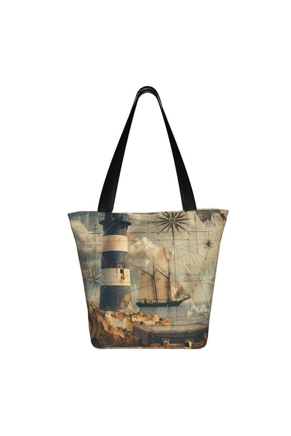 Vintage Nautical Lighthouse Print Shoulder Bag for Women, Polyester Crossbody Purse Lightweight Handbag for Daily Travel and Casual Use