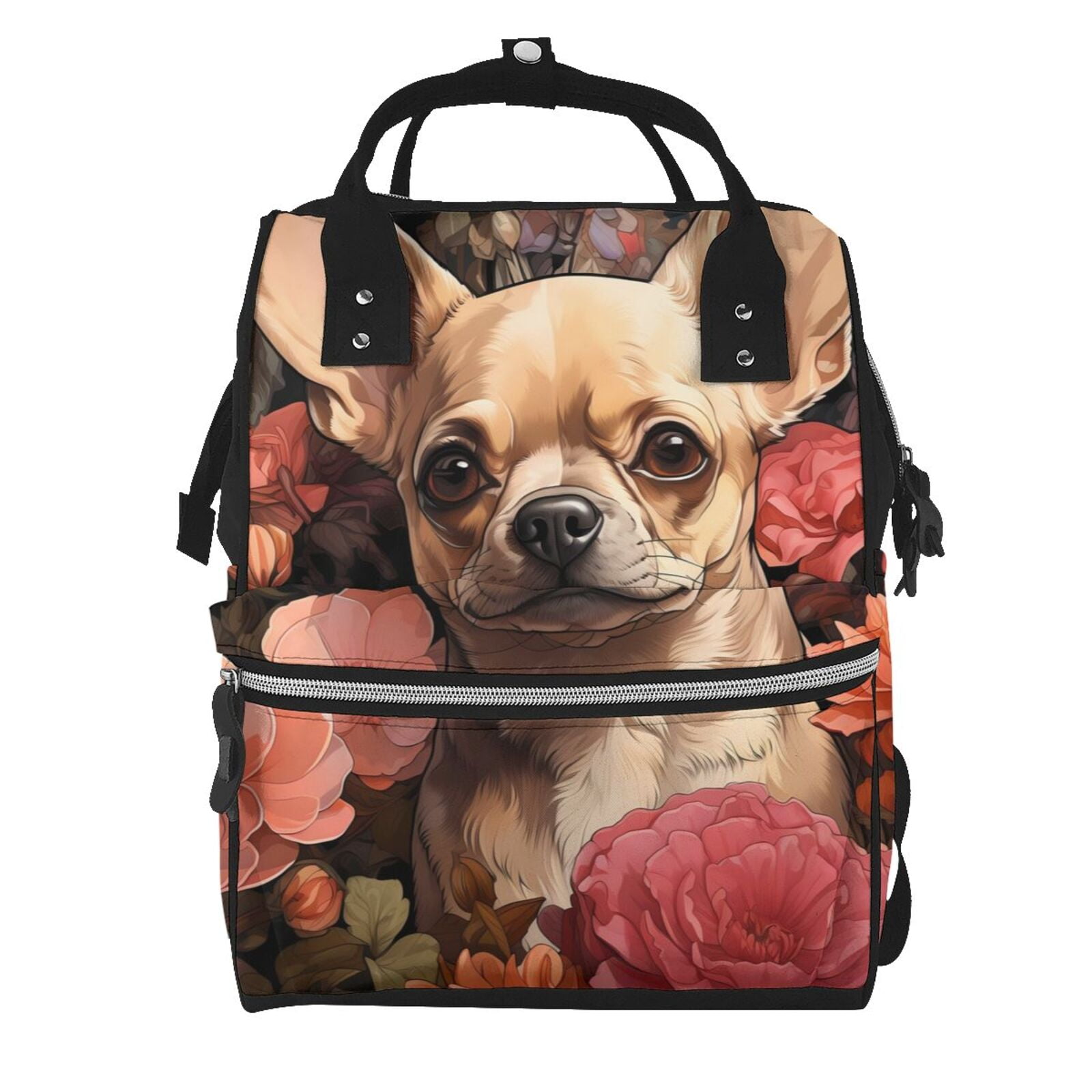 Ratiio Vintage Red Flower Chihuahua Mummy Backpack - Waterproof Twill Canvas, Large Capacity Diaper Bag with Multiple Pockets and Adjustable Straps