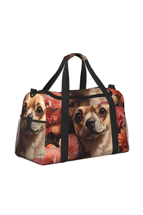 Vintage Red Flower Chihuahua Pattern Hand Travel Bag, Weekender Carry On for Women Men, Sports Gym Bag, Workout Duffel Bag, Overnight Shoulder Bag fit 15.6 Inch Laptop