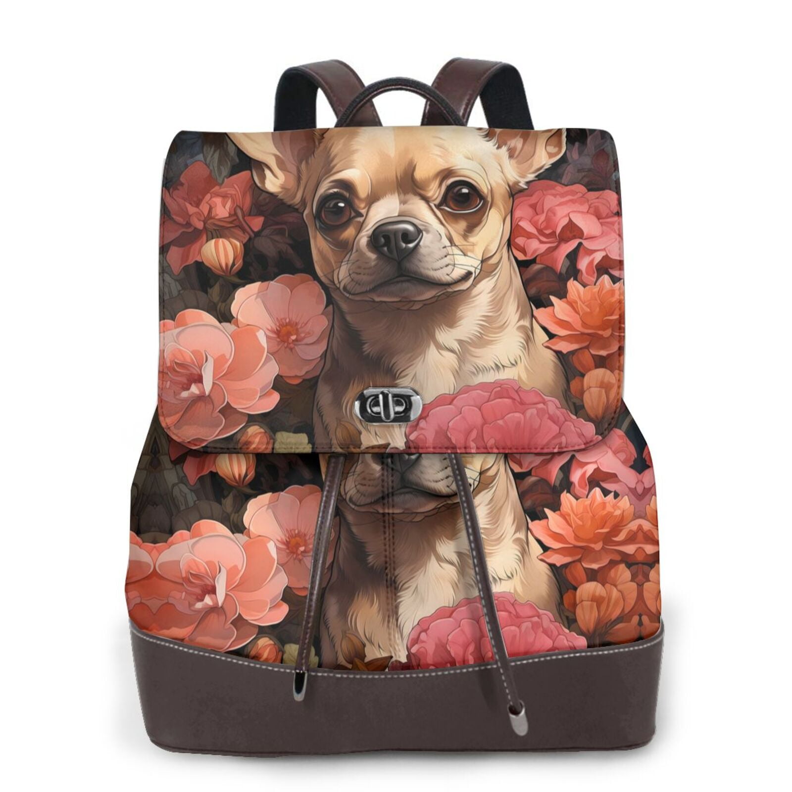 Ratiio Vintage Red Flower Chihuahua Pattern Womens Backpack Purse