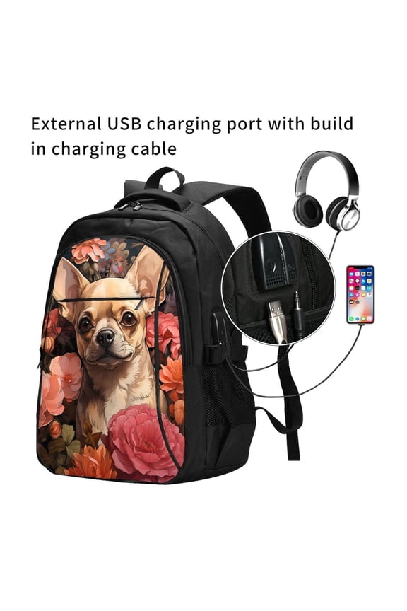 Vintage Red Flower Chihuahua Print Travel Laptop Backpack,Slim Sturdy Laptops Backpack with USB Charging Port, Water Resistant College School Computer Bag