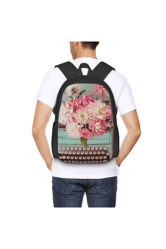 Vintage Typewriter Floral Backpack for Men and Women - Durable 600D Oxford Cloth -Large Capacity, Water-Resistant School, Travel, and Hiking Bag