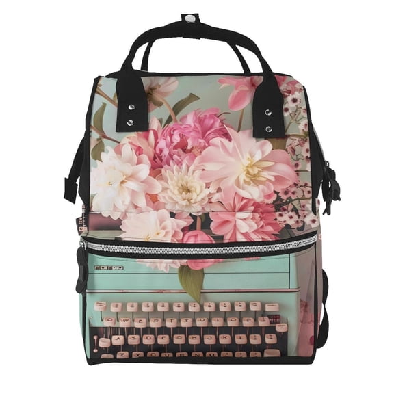 Ratiio Vintage Typewriter Floral Mummy Backpack - Waterproof Twill Canvas, Large Capacity Diaper Bag with Multiple Pockets and Adjustable Straps
