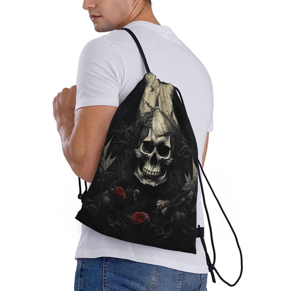 Ratiio Vintage Winged Rose Skull Print Drawstring Backpack Bag Sport Gym Sackpack Heavy Duty String Backpack for Men Women