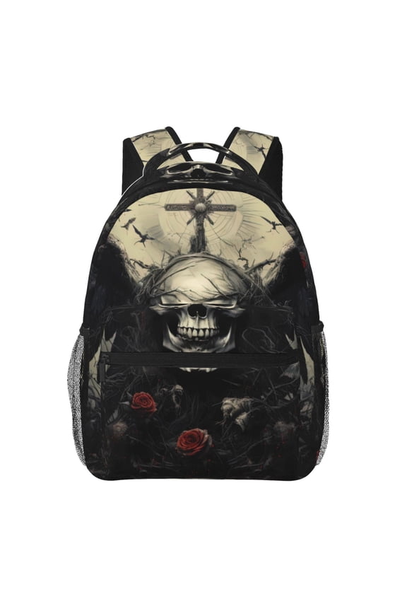 Vintage Winged Rose Skull Print Eco-Friendly Casual Backpack, Water-Resistant Polyester Canvas Daypack with Smooth Zippers, Comfortable & Durable Travel Bag with Laptop Compartment