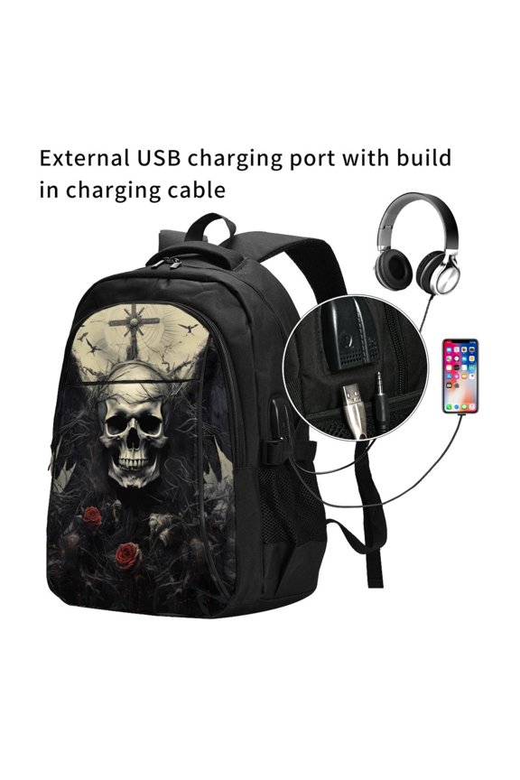 Vintage Winged Rose Skull Print Travel Laptop Backpack,Slim Sturdy Laptops Backpack with USB Charging Port, Water Resistant College School Computer Bag