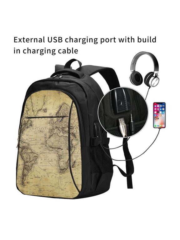 Vintage World Map Print Travel Laptop Backpack,Slim Sturdy Laptops Backpack with USB Charging Port, Water Resistant College School Computer Bag