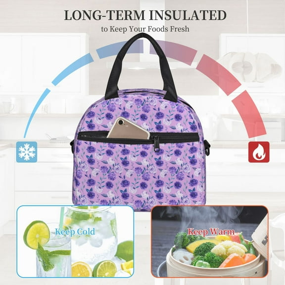 Ratiio Violet Pattern Lunch Bag ,Insulated Lunch Box, Small Leakproof Cooler Food Lunch Containers Reusable High Capacity Lunch Tote Bags