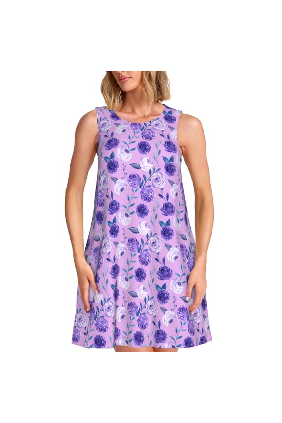 Violet Pattern Women's Sleeveless Dress - Casual Summer Dress with Pockets, Above Knee Length, Round Neck, Ideal for Beach, Vacation, Work
