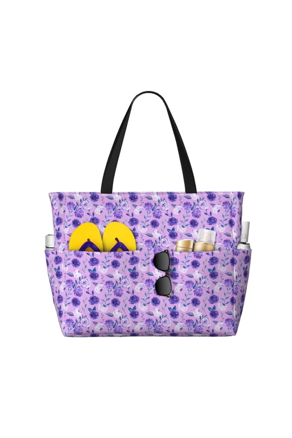 Violet Print Large Capacity Beach Travel Bag, Polyester Waterproof Tote Bag with Zipper for Vacation and Daily Use