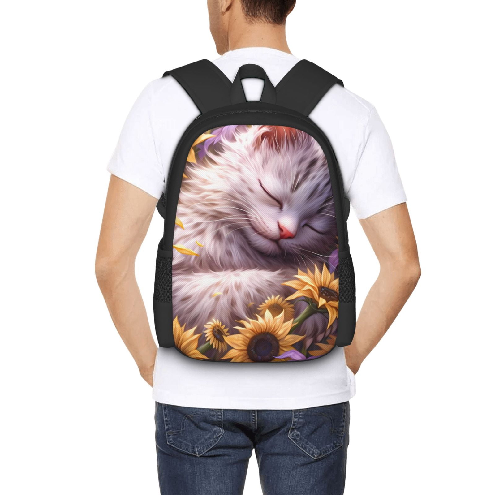 Ratiio Warm Sunflower Sleeping Cat Backpack for Men and Women - Durable 600D Oxford Cloth -Large Capacity, Water-Resistant School, Travel, and Hiking Bag