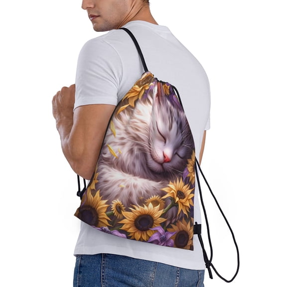 Ratiio Warm Sunflower Sleeping Cat Print Drawstring Backpack Bag Sport Gym Sackpack Heavy Duty String Backpack for Men Women