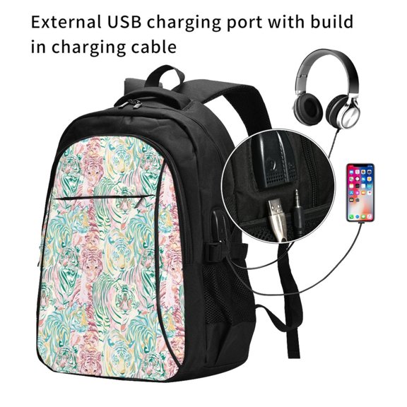 Ratiio Watercolor Tiger Print Travel Laptop Backpack,Slim Sturdy Laptops Backpack with USB Charging Port, Water Resistant College School Computer Bag