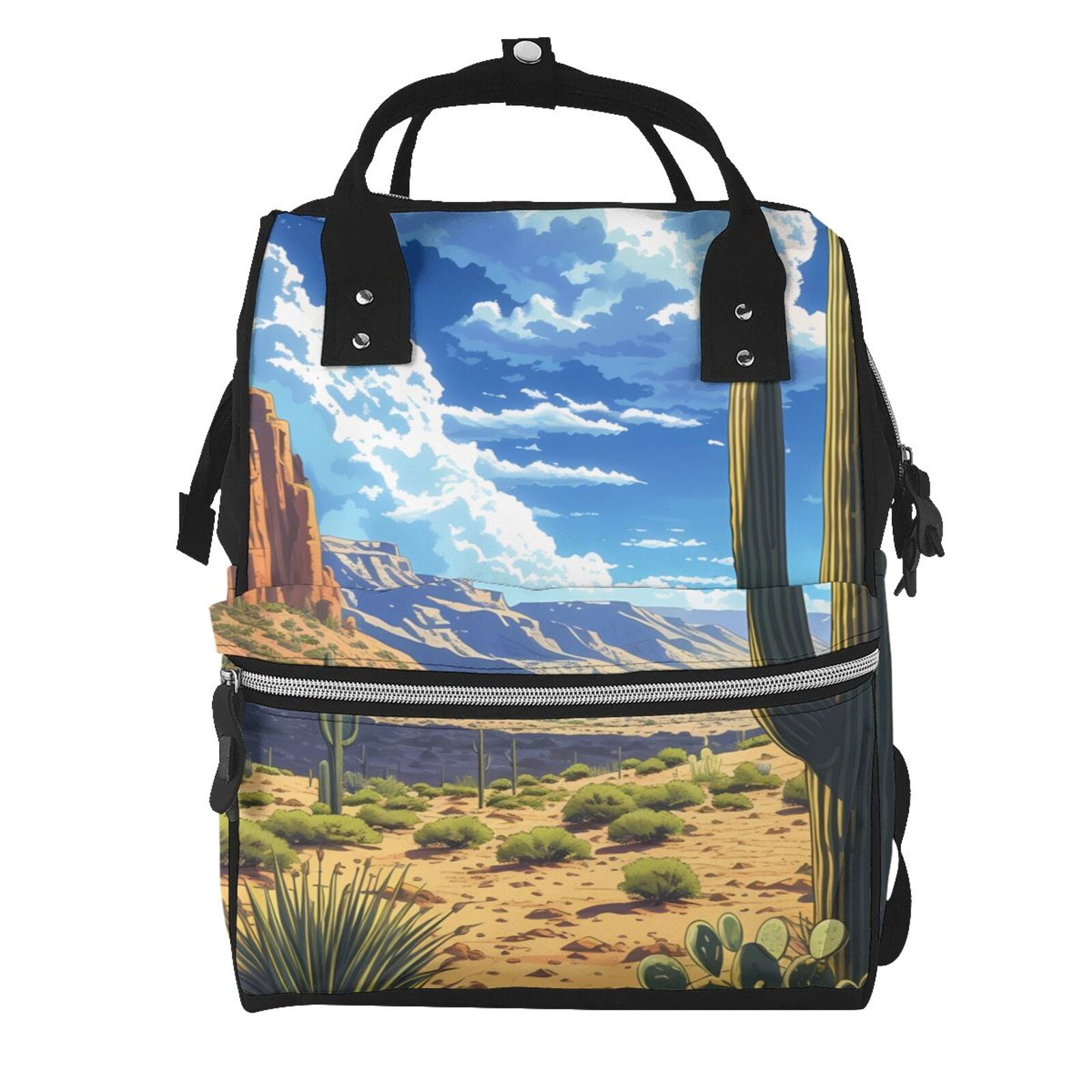 Ratiio Western Desert Cactus Mummy Backpack - Waterproof Twill Canvas, Large Capacity Diaper Bag with Multiple Pockets and Adjustable Straps
