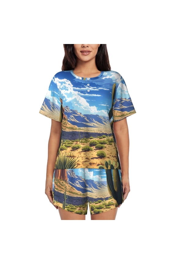 Western Desert Cactus Print Womens Pajama Sets 2 Piece Soft Short Sleeve Top and Shorts Sleepwear Round Neck Pjs Lounge Set