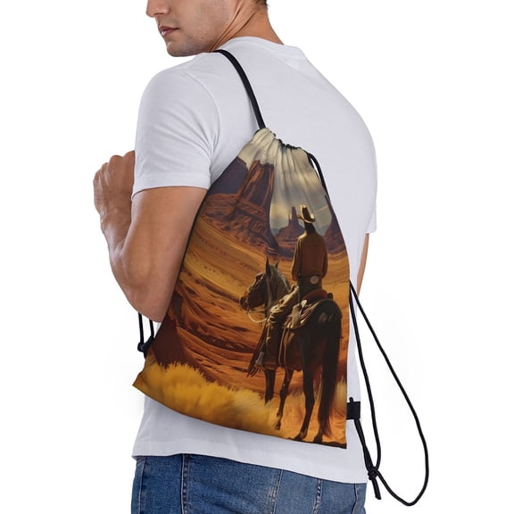 Ratiio Western Desert Cowboy Cloud Print Drawstring Backpack Bag Sport Gym Sackpack Heavy Duty String Backpack for Men Women