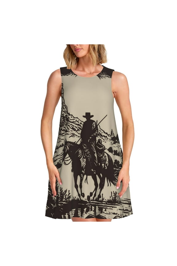 Western Desert Cowboy Pattern Women's Sleeveless Dress - Casual Summer Dress with Pockets, Above Knee Length, Round Neck, Ideal for Beach, Vacation, Work