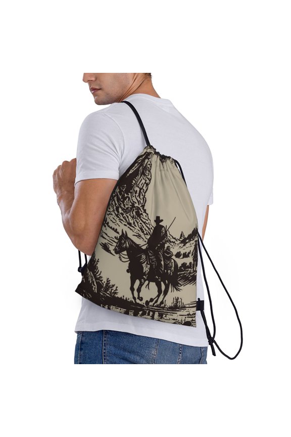 Western Desert Cowboy Print Drawstring Backpack Bag Sport Gym Sackpack Heavy Duty String Backpack for Men Women