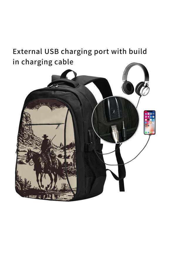 Western Desert Cowboy Print Travel Laptop Backpack,Slim Sturdy Laptops Backpack with USB Charging Port, Water Resistant College School Computer Bag