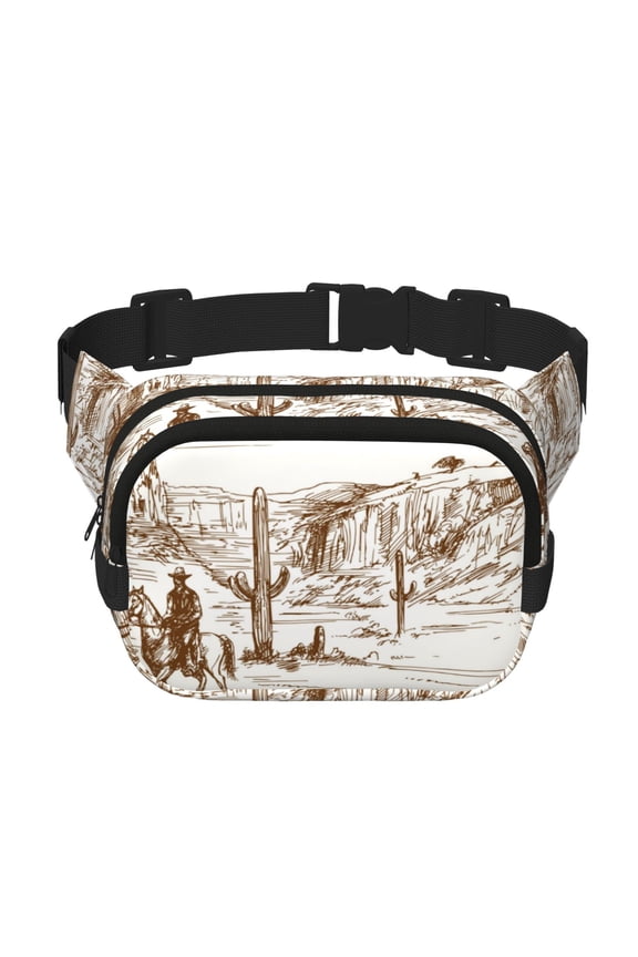 Western Desert Cowboys Pattern Square Double Layer Waist Bag, Durable Twill Fabric Waist Pack with Adjustable Belt,Outdoor Hiking, Running, Travel Waist Bag