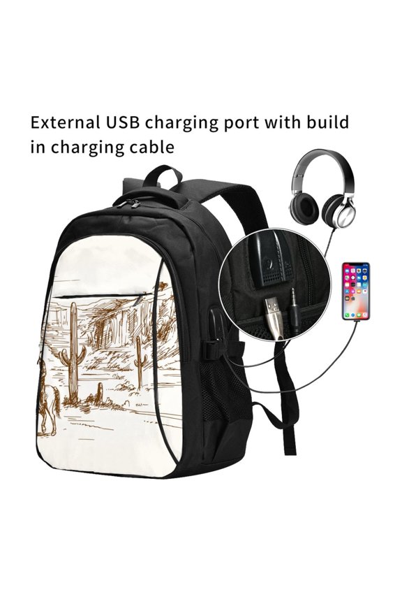 Western Desert Cowboys Print Travel Laptop Backpack,Slim Sturdy Laptops Backpack with USB Charging Port, Water Resistant College School Computer Bag