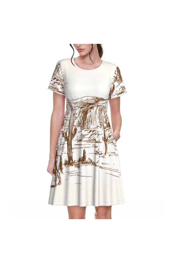 Western Desert Cowboys Print Women's Short Sleeve Dress - Casual A-Line Dress with Side Pockets, Elastic Waist, Comfortable and Breathable Summer Dress