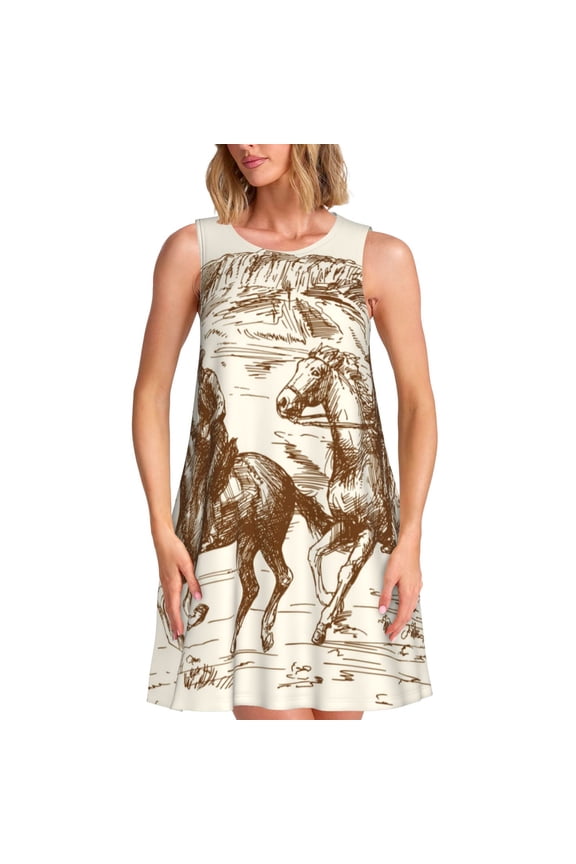 Western Desert Cowboys1 Pattern Women's Sleeveless Dress - Casual Summer Dress with Pockets, Above Knee Length, Round Neck, Ideal for Beach, Vacation, Work