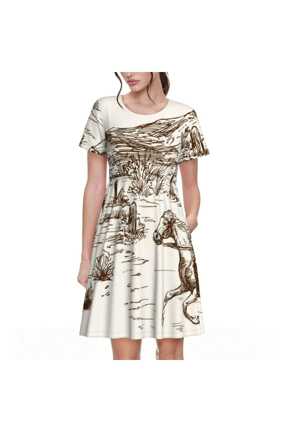 Western Desert Cowboys3 Print Women's Short Sleeve Dress - Casual A-Line Dress with Side Pockets, Elastic Waist, Comfortable and Breathable Summer Dress