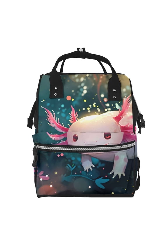 Whimsical Axolotl Fantasy Mummy Backpack - Waterproof Twill Canvas, Large Capacity Diaper Bag with Multiple Pockets and Adjustable Straps