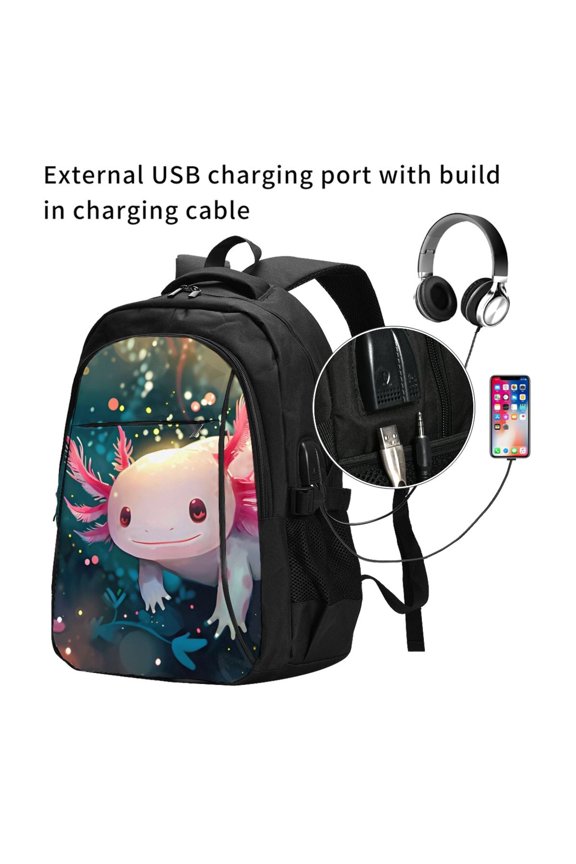 Whimsical Axolotl Fantasy Print Travel Laptop Backpack,Slim Sturdy Laptops Backpack with USB Charging Port, Water Resistant College School Computer Bag
