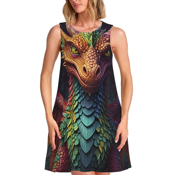 Ratiio Whimsical Dragon Color Cool Pattern Women's Sleeveless Dress - Casual Summer Dress with Pockets, Above Knee Length, Round Neck, Ideal for Beach, Vacation, Work