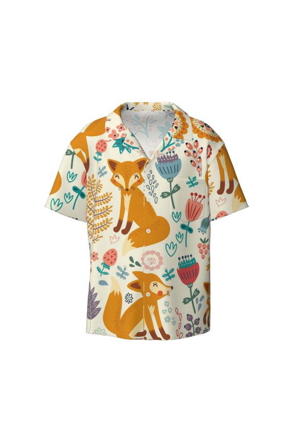 Whimsical Fox Floral Garden Print Mens Casual Short Sleeve Shirts Button Down Textured Shirts Summer Beach Shirt with Pocket Men's Casual Short-sleeved Shirt