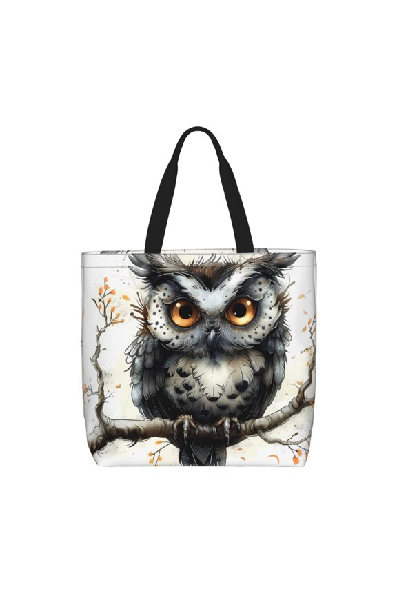 Whimsical Owl On Branch Print Reusable Grocery Bag Shopping Bags with Zipper Shoulder Shopping Handle Bag Suitable for Outdoor Convenient Daily Bag